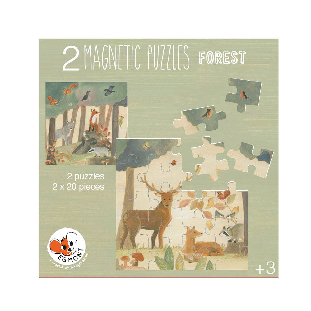 Egmont Forest Magnetic Puzzle packaging displays two 20 piece scenes with deer, fox, and songbirds, ages 3 up