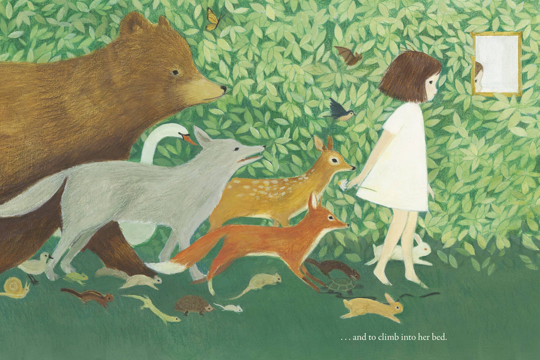 Girl in a white dress walks with a wolf, foxes and a bear in The Wildest Thing, Penguin Random House children's nature book