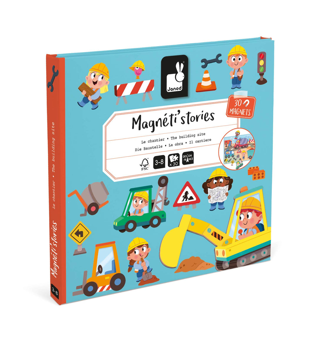 Janod Magneti'stories The Construction Site magnetic toys book cover with cement mixer and crew