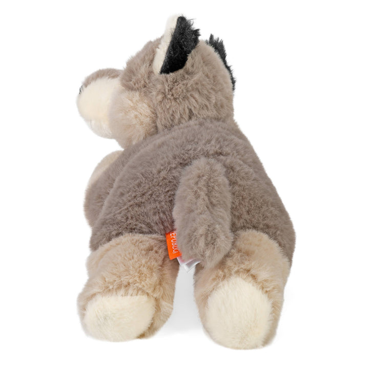 Small gray wolf plush, the Wild Republic Ecokins Mini Wolf, a take-along wildlife toy
