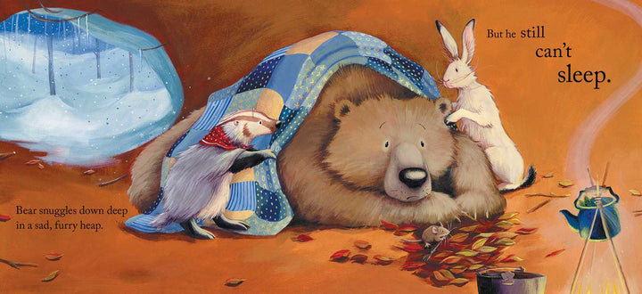 Back cover Bear Can't Sleep by Karma Wilson cozy winter hibernation board book