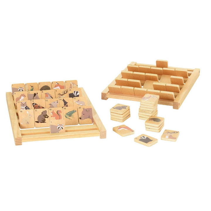 Egmont's Who Am I game displays two wooden boards covered in hand painted animal tiles ready for play