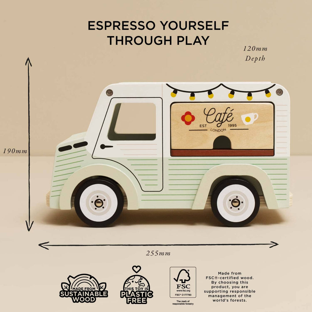 Size guide showing height, length and depth of Le Toy Van Mobile Café Van, sustainable wood and plastic free toy vehicle