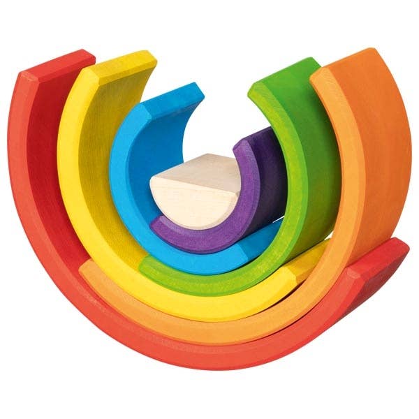 Flat lay of Goki Little Rainbow Building Blocks in Bold designed as a puzzle toy for open-ended play.