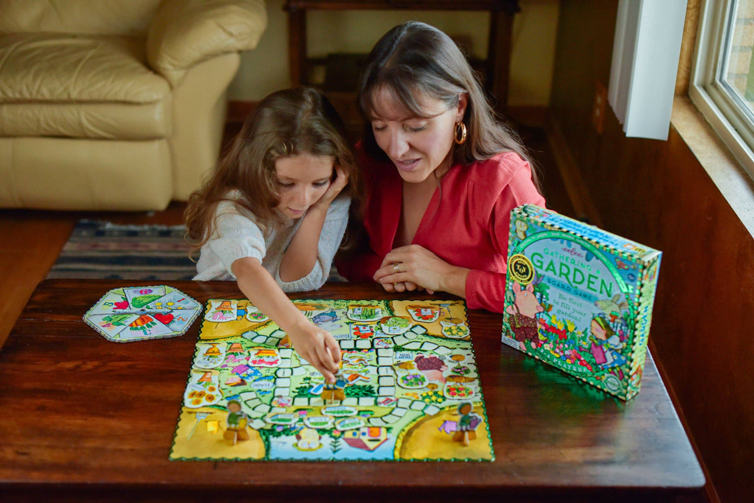 eeBoo Gathering a Garden game components spread showing no-plastic FSC-certified pieces