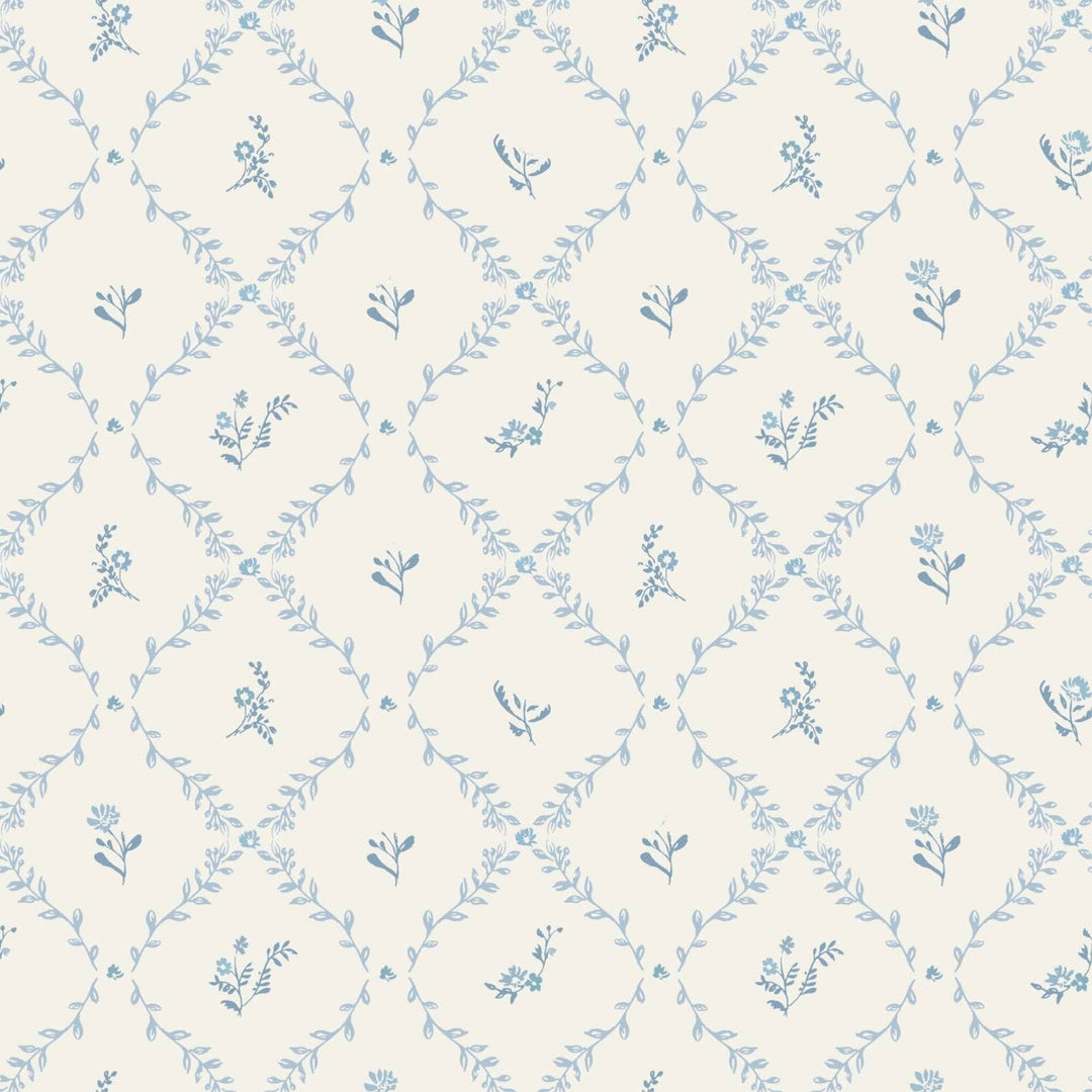 Little Threads blue lattice pattern featuring delicate floral vine print on muslin fabric