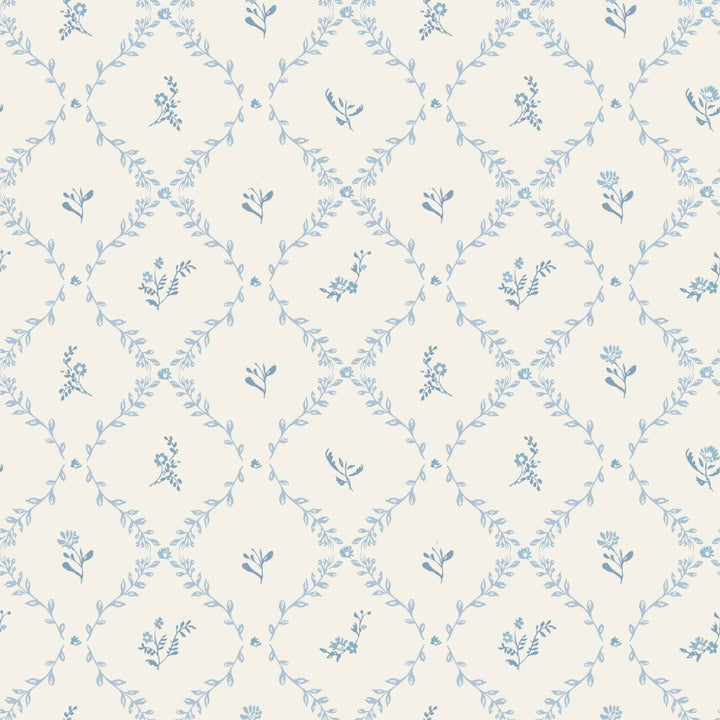 Little Threads blue lattice pattern featuring delicate floral vine print on muslin fabric