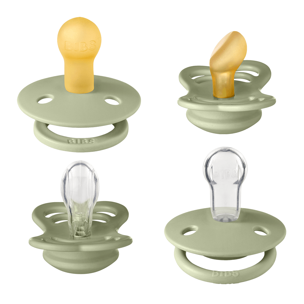 Side view of Sage BIBS Try It Collection, babyÕs pacifier pack for comfort.