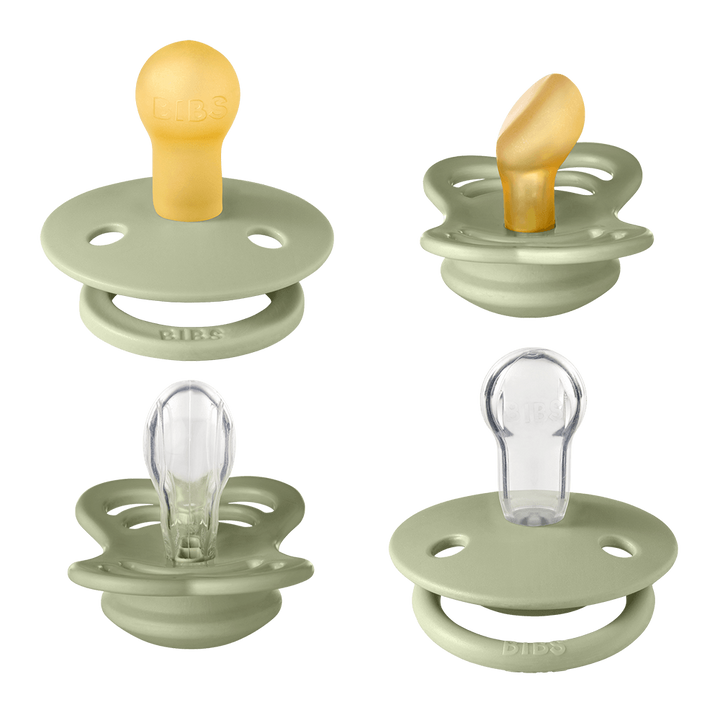 Side view of Sage BIBS Try It Collection, babyÕs pacifier pack for comfort.