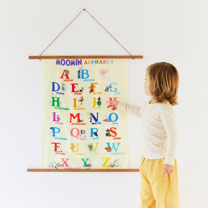 Hung as wall art, the Moomin Alphabet Playsilk helps a child learn letters at home