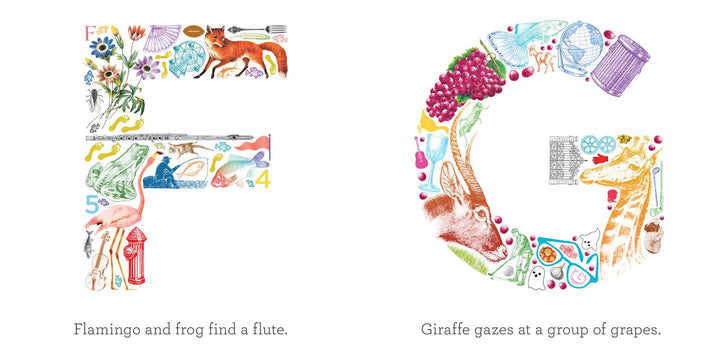Hidden treasure letter spread from A B See graphic ABC book by Elizabeth Doyle