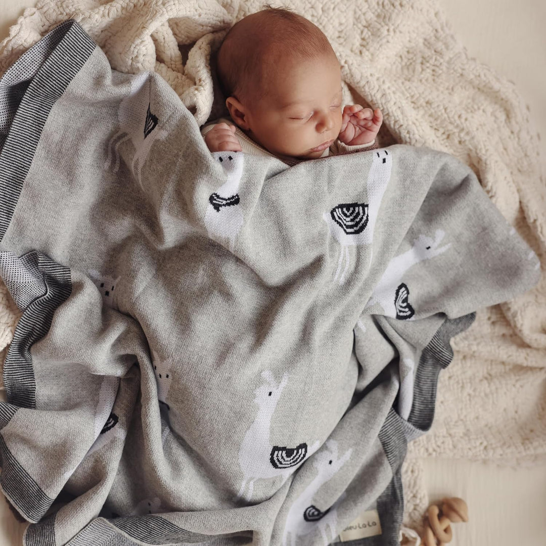 Bleu La La Knit Llama Swaddle with Llama animal decal in gray