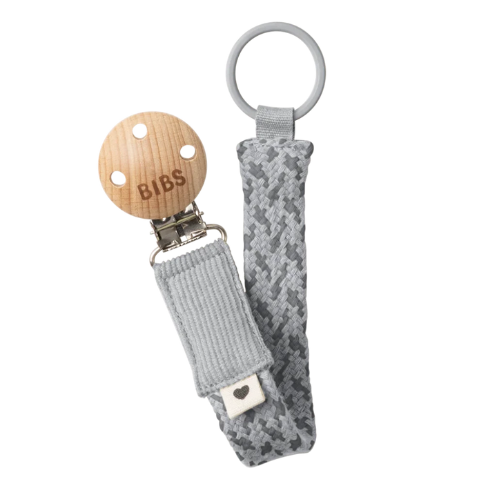 Cloud and iron BIBS Pacifier Clip offers modern design for pacifier baby use.