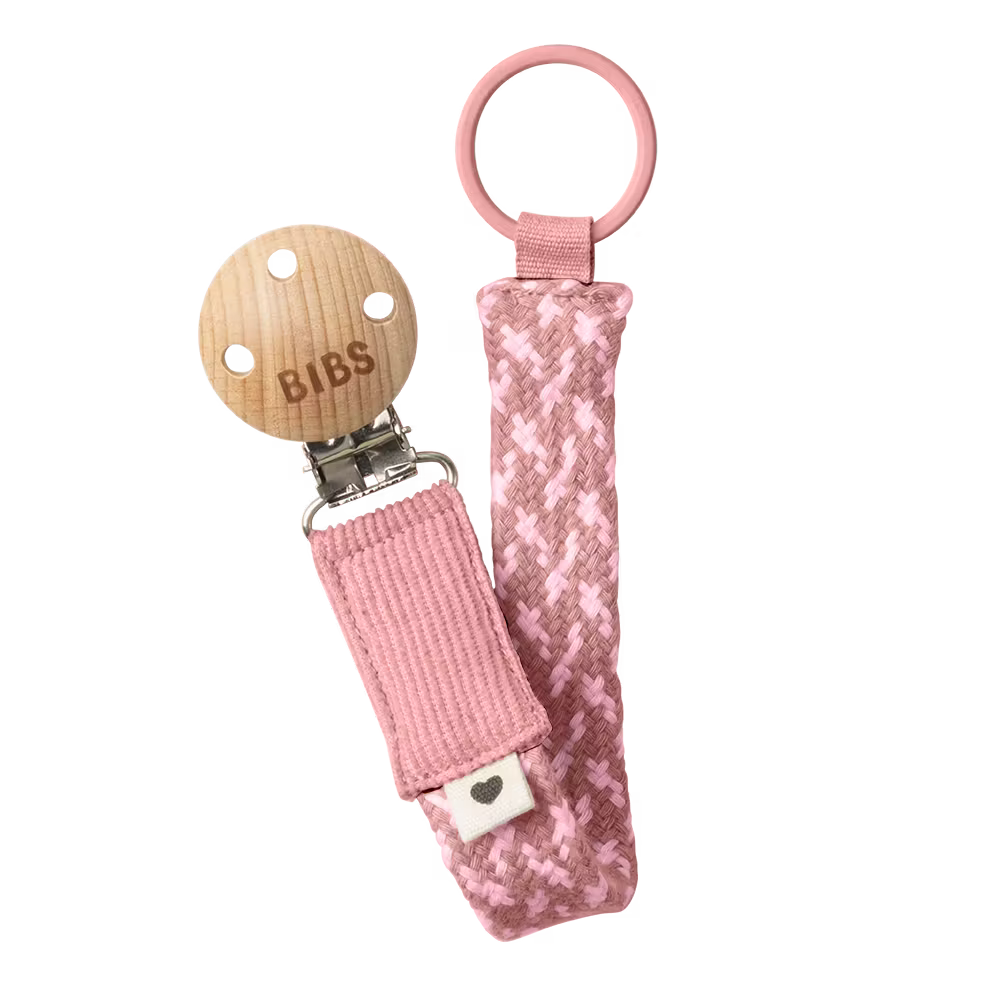 Braided dusty pink BIBS Pacifier Clip combines beauty and function for baby pacifier.