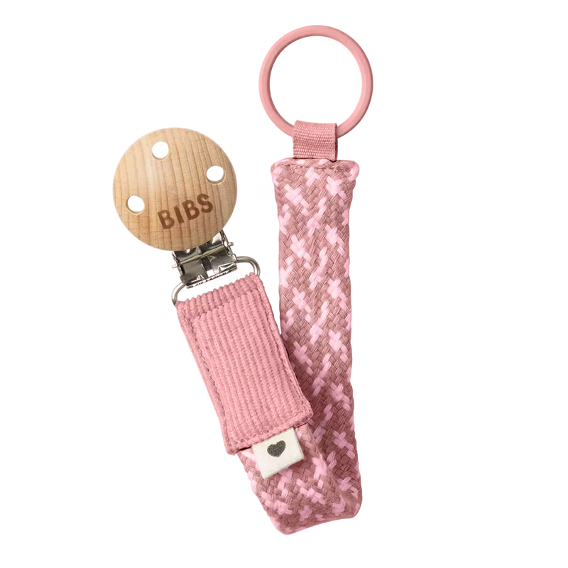Braided dusty pink BIBS Pacifier Clip combines beauty and function for baby pacifier.