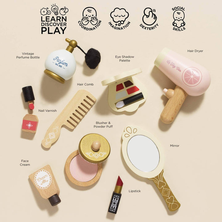 Le Toy Van vanity star beauty kit accessories spread out on white background