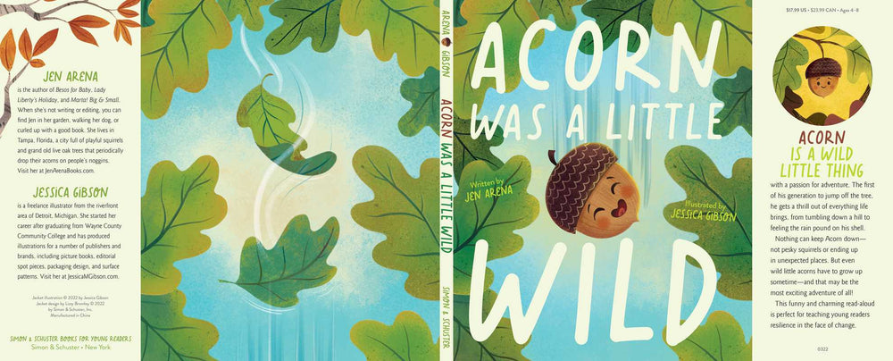 Acorn Was a Little Wild hardcover endpapers with an oak leaf pattern, a Simon & Schuster book for kids