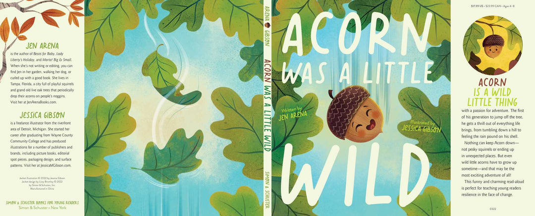 Acorn Was a Little Wild hardcover endpapers with an oak leaf pattern, a Simon & Schuster book for kids