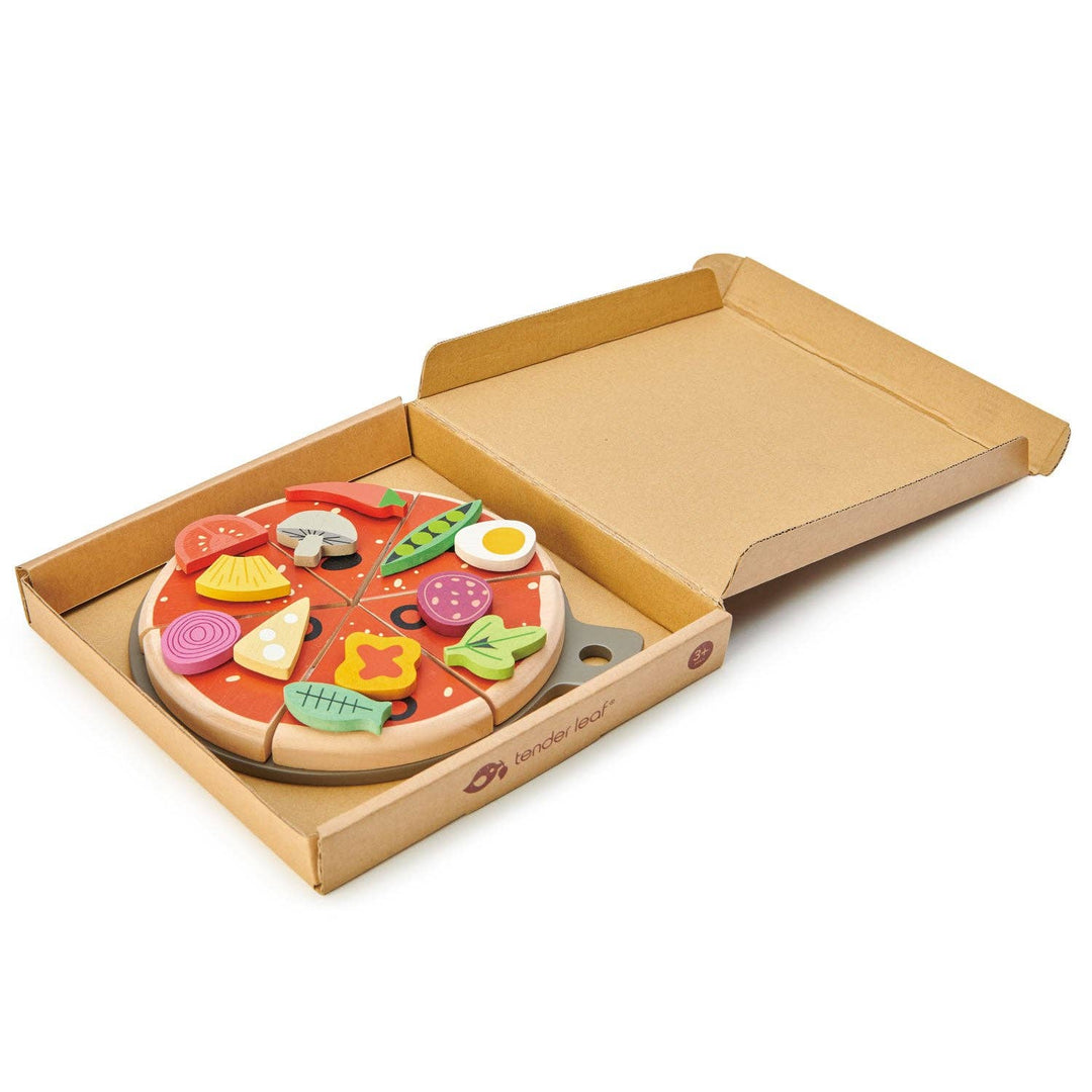 Lid lifts open to reveal the Pizza Party pretend food set from Tender Leaf Toys