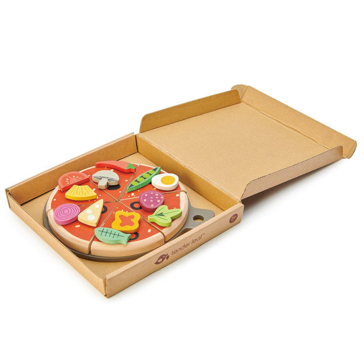 Lid lifts open to reveal the Pizza Party pretend food set from Tender Leaf Toys