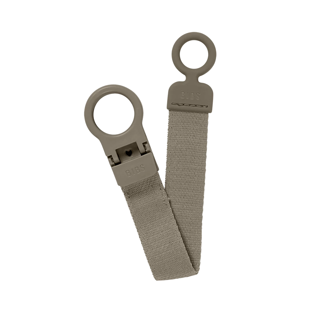 Side view of BIBS Pacifier Clip Dark Oak, best newborn pacifier accessory.