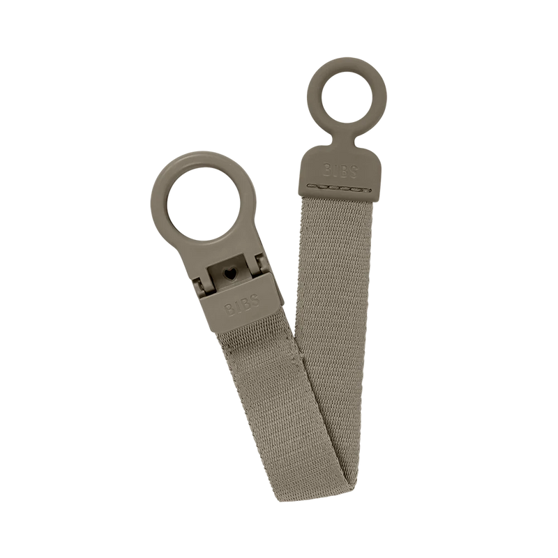 Side view of BIBS Pacifier Clip Dark Oak, best newborn pacifier accessory.