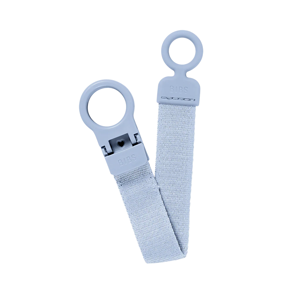 Angle view of BIBS Pacifier Clip Dusty Blue, ideal for baby pacifier clips.