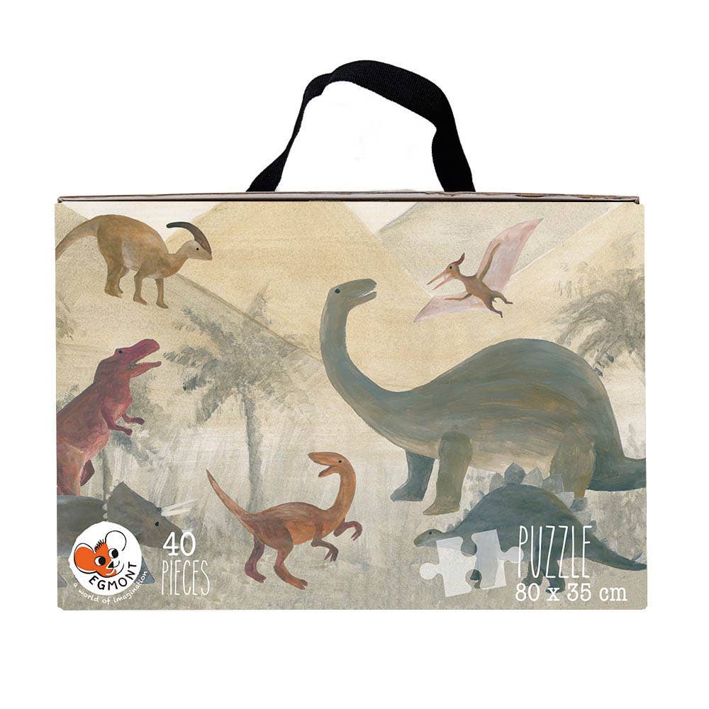 Egmont Dino Floor Puzzle carrying case shows a brontosaurus and t-rex scene with 40 pieces, 80 by 35 cm