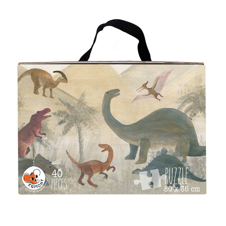 Egmont Dino Floor Puzzle carrying case shows a brontosaurus and t-rex scene with 40 pieces, 80 by 35 cm