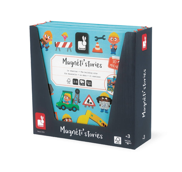 Educational magnetic toys: back-of-box view for Janod's Magneti'stories Construction Site playset