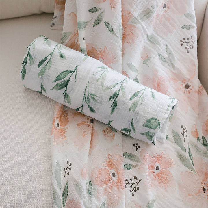 watercolor inspired pink floral and green vine crane baby cotton swaddle set 