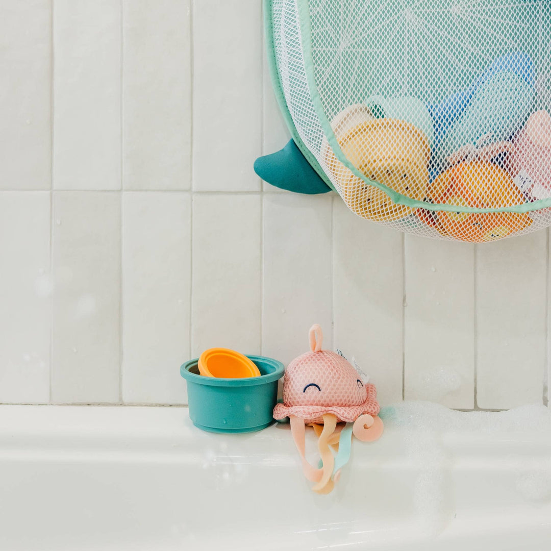 Copper Pearl bath organizer with toys inside, baby bath storage solution for easy cleanup and organization