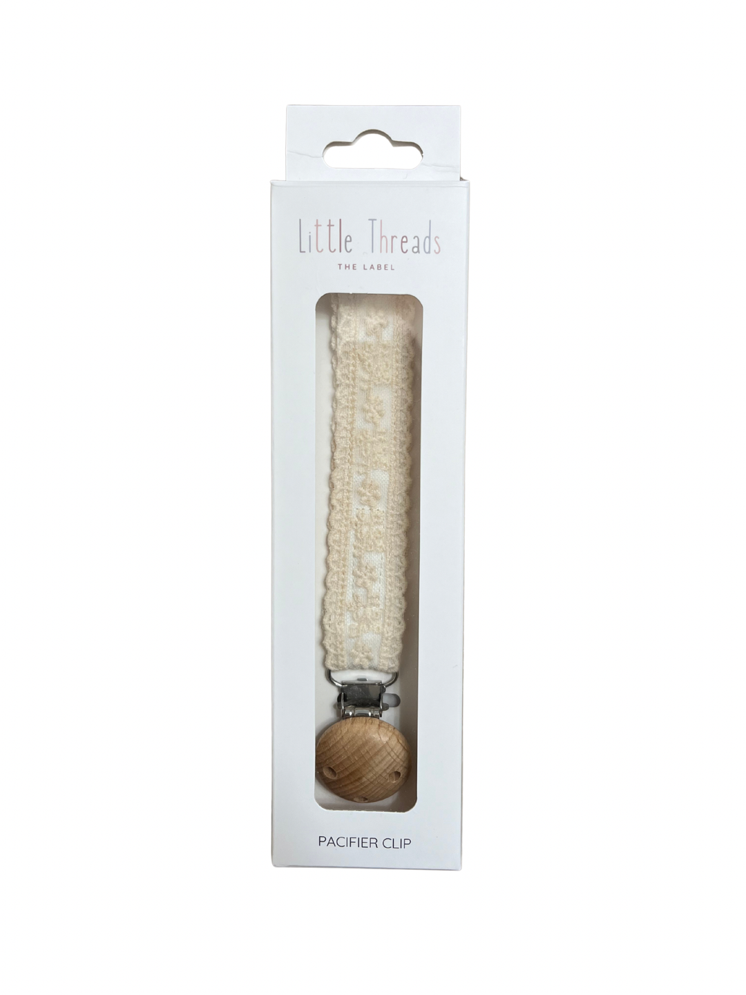 Little Threads Ivory Floral Lace Pacifier Clip in its window gift box, a ready to give baby shower present for newborns