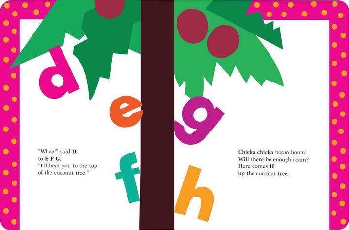 Letter race spread from Chicka Chicka Boom Boom preschool read-aloud storytime book