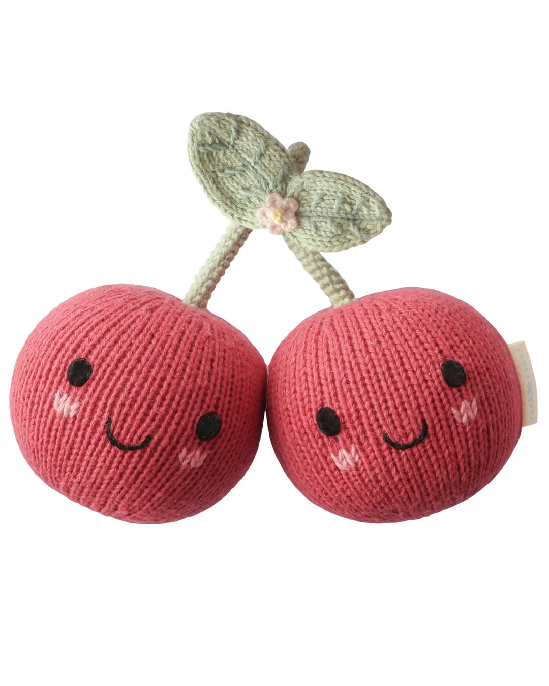 Cuddle + Kind Baby Cherries hand-knit plush toy, a soft 7-inch cotton fruit stuffed toy for babies