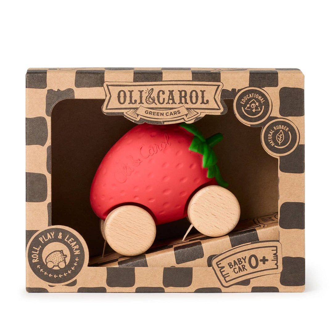 Sweetie the Strawberry Baby Car displayed inside its illustrated checkered gift box
