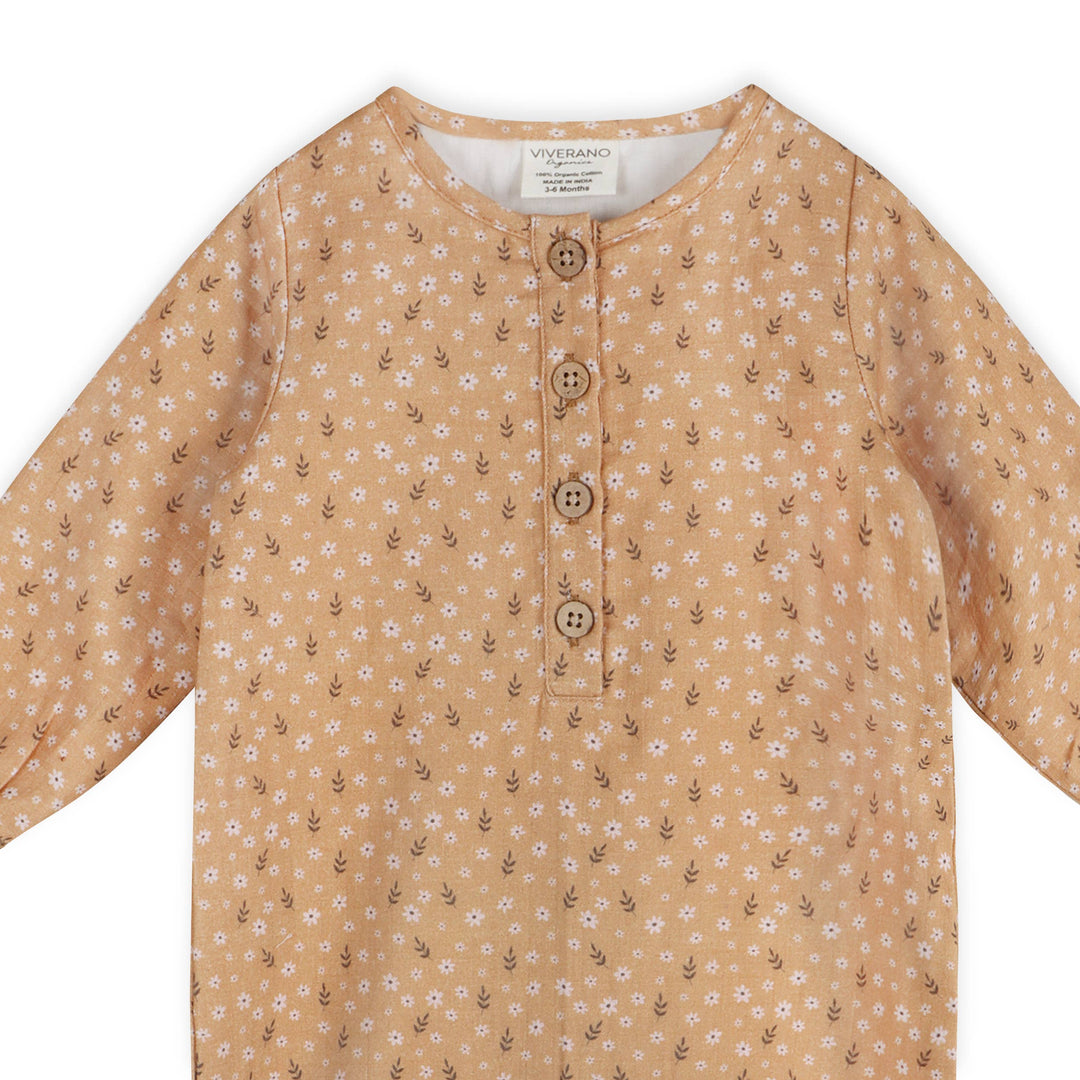 Organic cotton muslin button-front baby jumpsuit, Mustard floral - Viverano