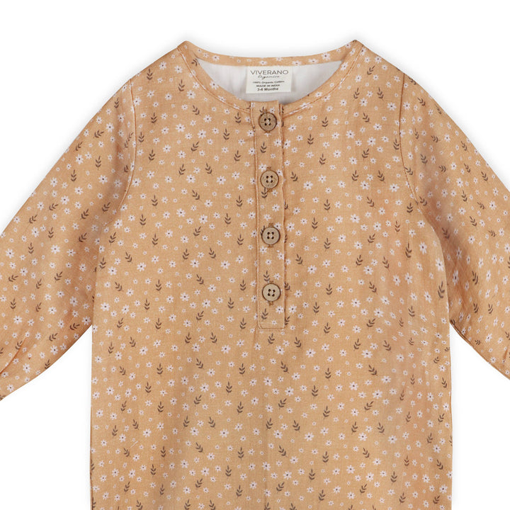 Organic cotton muslin button-front baby jumpsuit, Mustard floral - Viverano