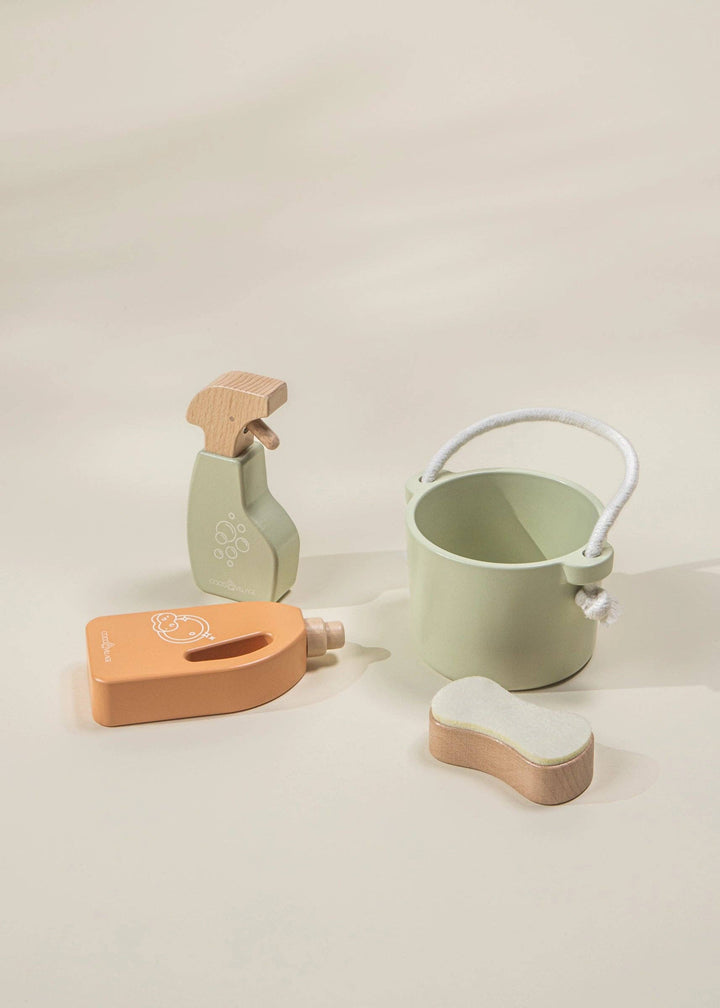 pretend play childrens wooden cleaning spray, bucket, and sponge from coco village 