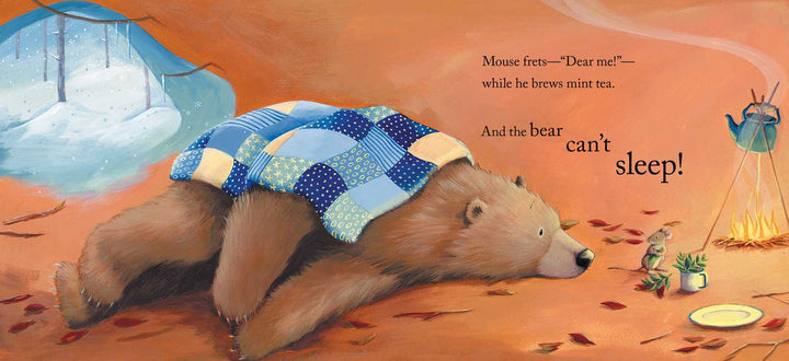 Snowy winter spread from Bear Can't Sleep children's board book about friendship