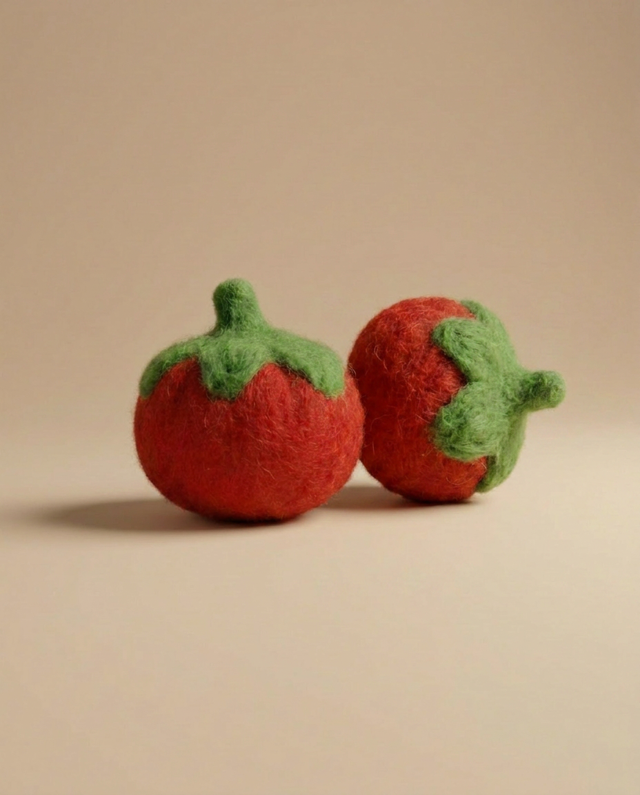 Side view of Kaddu's Felt Tomato showing handcrafted wool texture