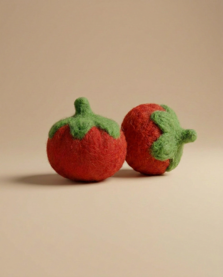 Side view of Kaddu's Felt Tomato showing handcrafted wool texture