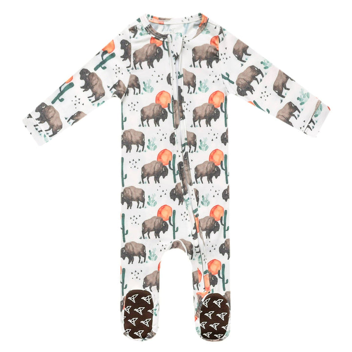 Copper Pearl Bison baby footie pajama flat lay, zip-up infant sleeper with footed design for warmth and easy dressing
