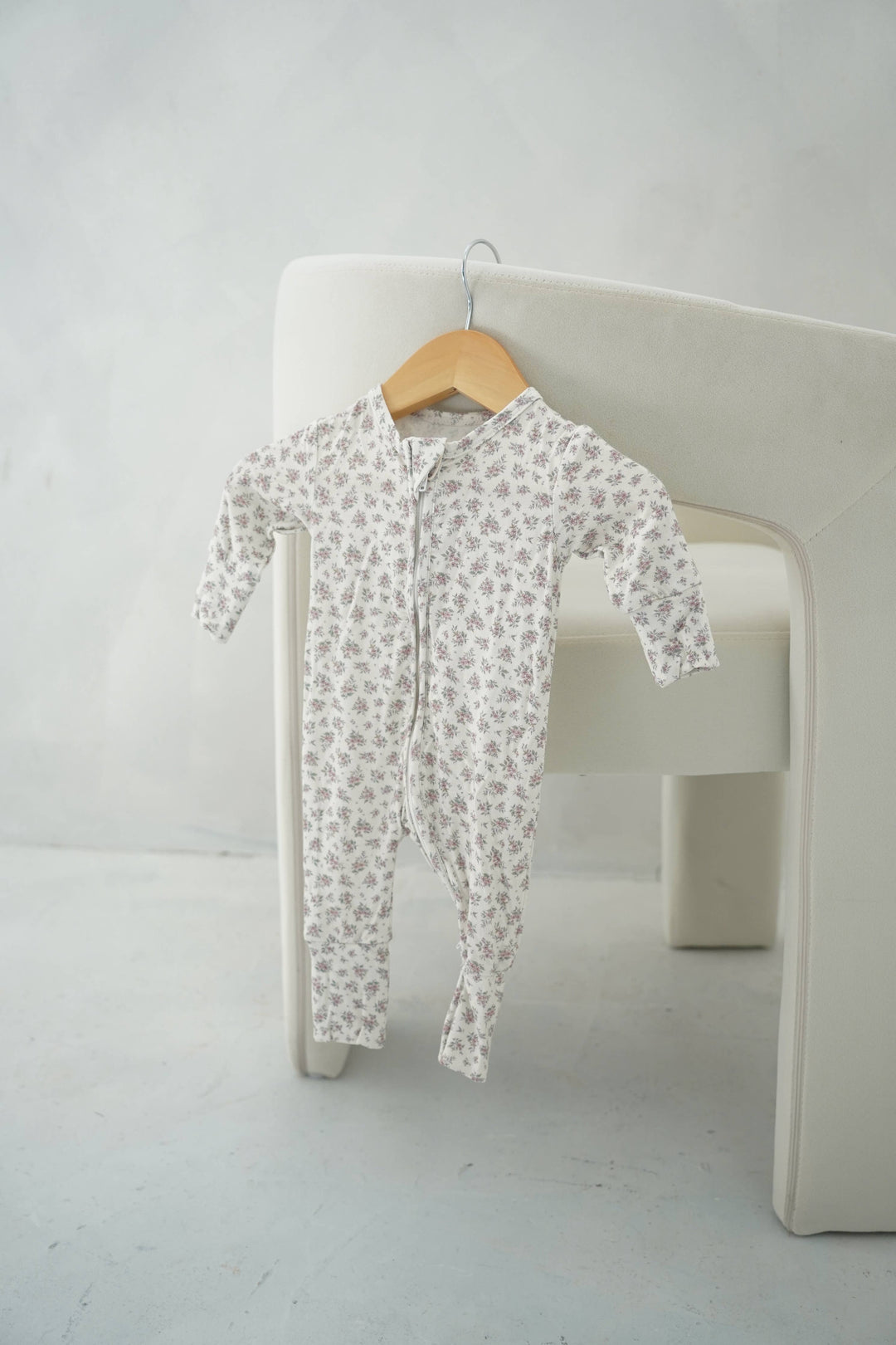 Little Threads vintage blue floral bamboo footie hanging display, baby sleepwear outfit with zipper for easy dressing and soft comfort