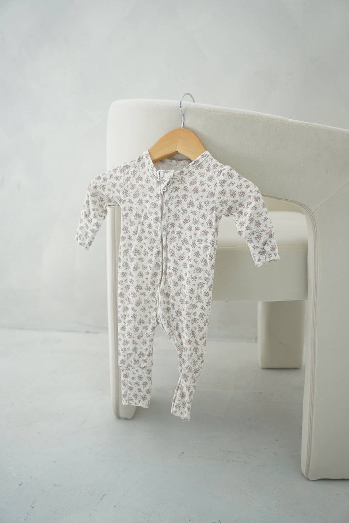 Little Threads vintage blue floral bamboo footie hanging display, baby sleepwear outfit with zipper for easy dressing and soft comfort