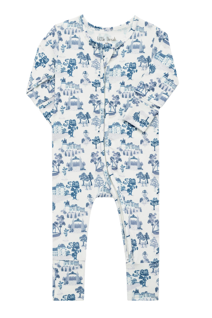 Blue toile de jouy bamboo footie by Little Threads laid flat showing full pajama pattern