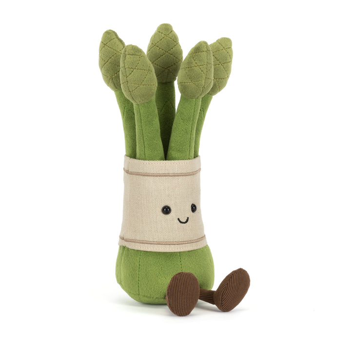Jellycat Amuseables Asparagus stuffed animal with smiling face, whimsical veggie plush for playful cuddles