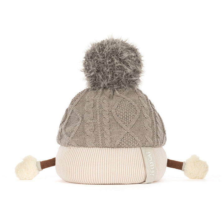 Rear view of Pomilly by Jellycat showing the corduroy boots on this holiday hat plush toy