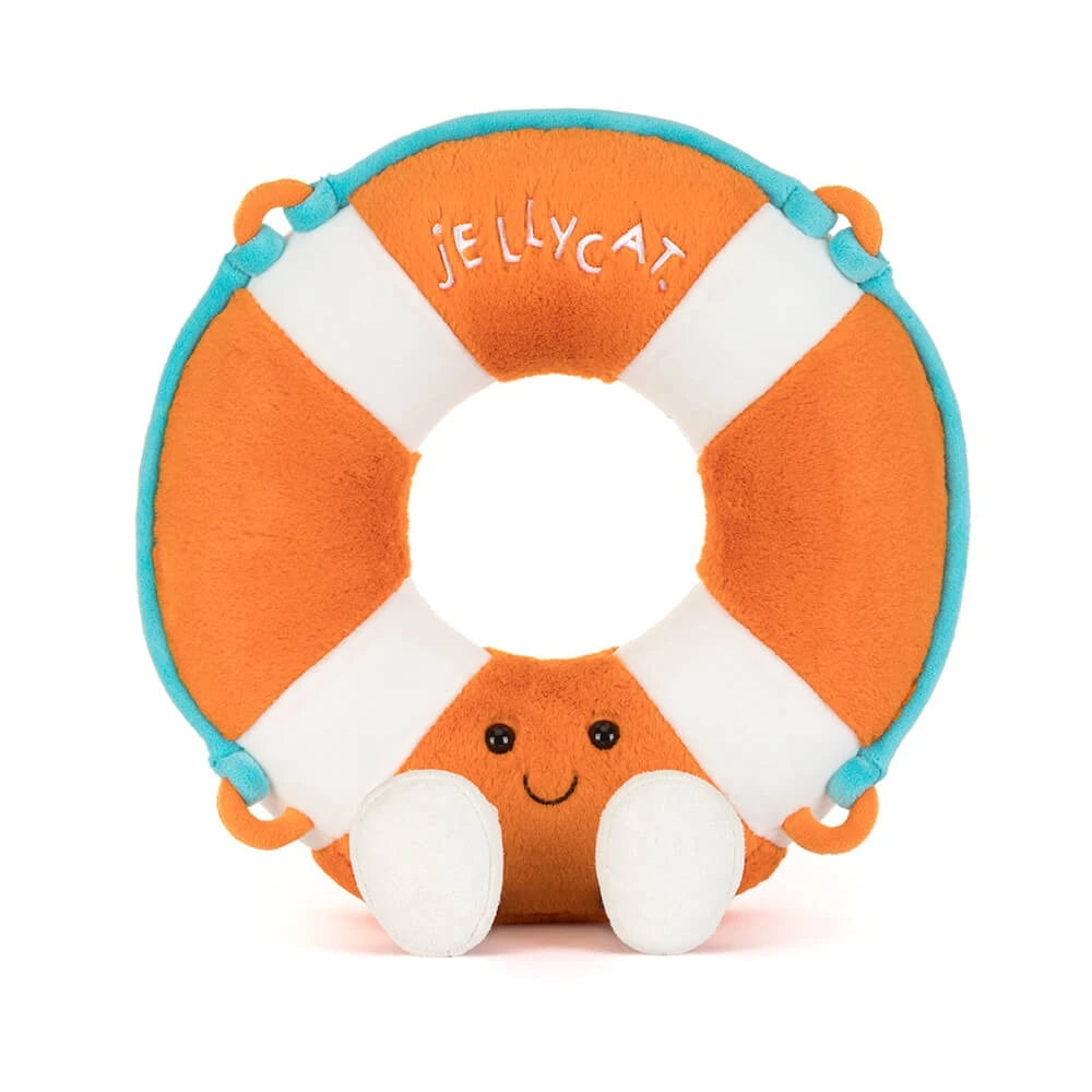 Jellycat Amuseables Life Ring plush toy at an angle – orange and white stuffed nautical life ring with smiling face, High Summer 2026