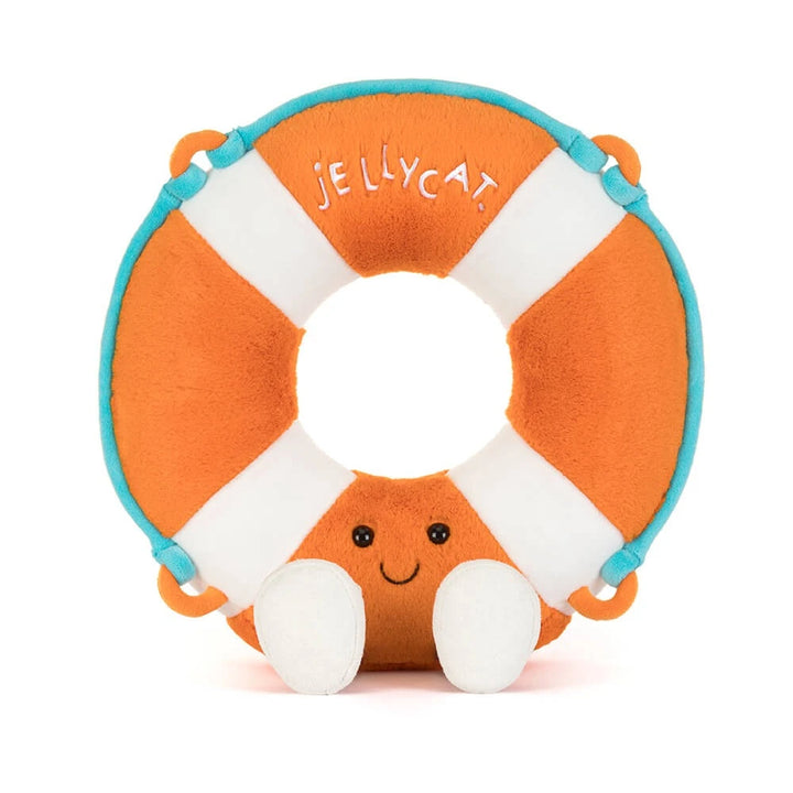 Jellycat Amuseables Life Ring plush toy at an angle – orange and white stuffed nautical life ring with smiling face, High Summer 2026